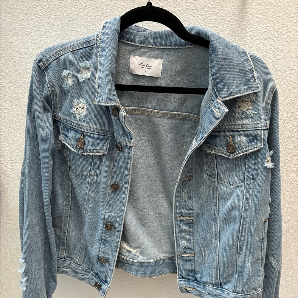 KanCan Sky Blue Ripped Denim Jacket